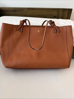 Tory Burch Cognac Leather Tote with Gold Logo